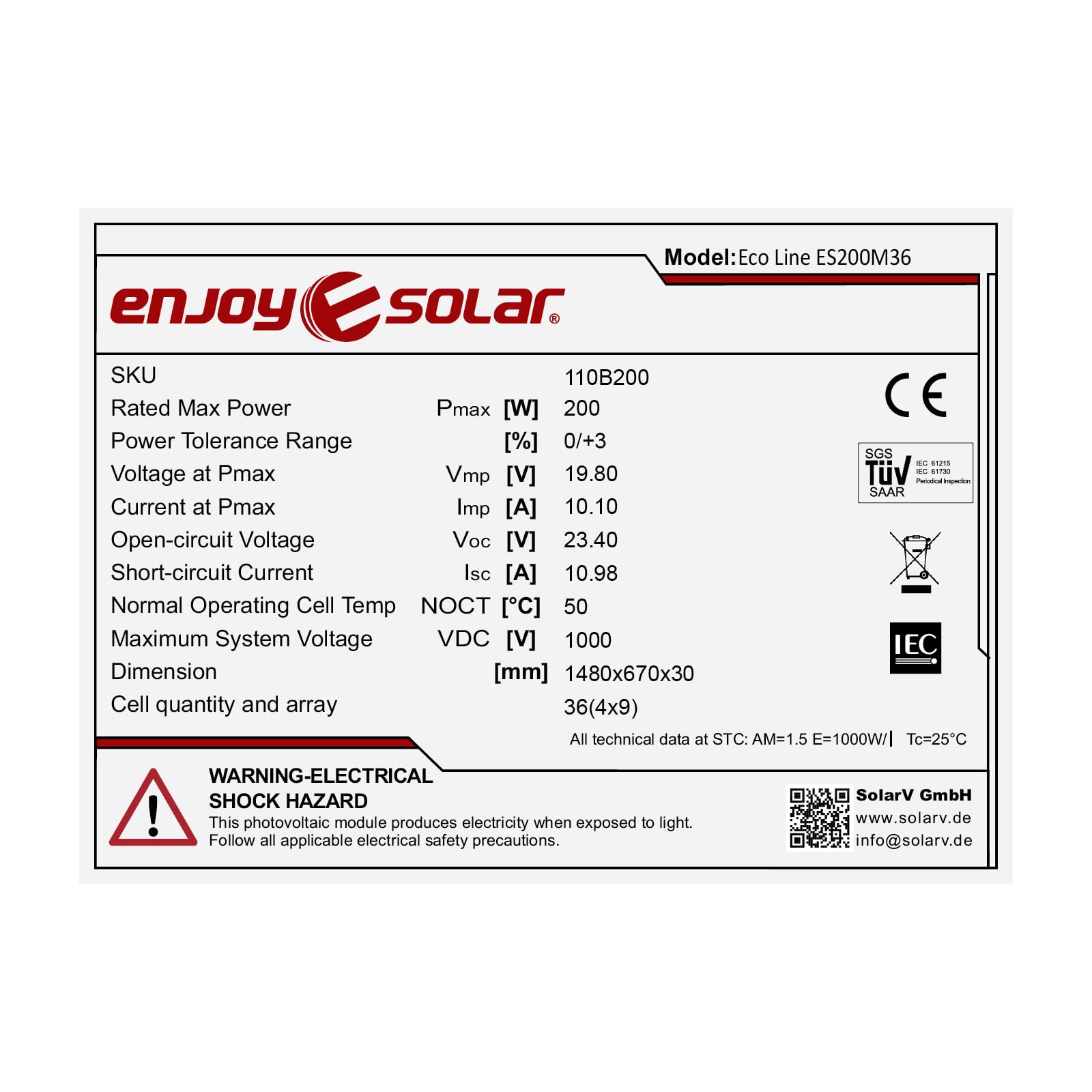 enjoy solar® Panneau Solaire Monocristallin 200W 12V, version 9BB PERC Full Black avec cadre noir (Full Black) – Idéal pour camping-car, installation balcon, abri de jardin, bateau