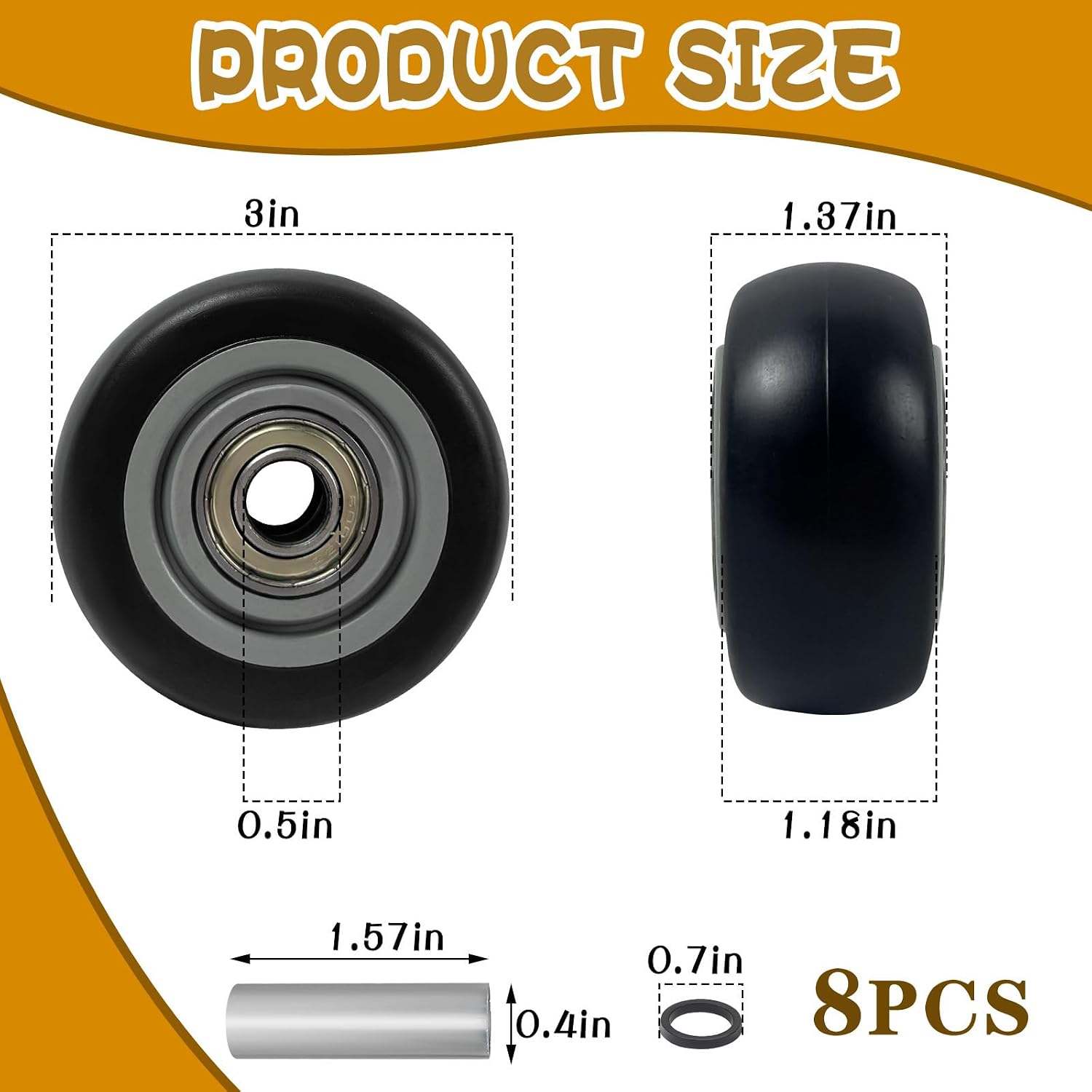 8 Pcs 3 Inch Push Cart PU Shelf Replacement & Cargo Elevator Front Casters, Replacement Casters for Platform Trucks & Snow Blower, Grill 3" x 1.25" 3/8" Axle