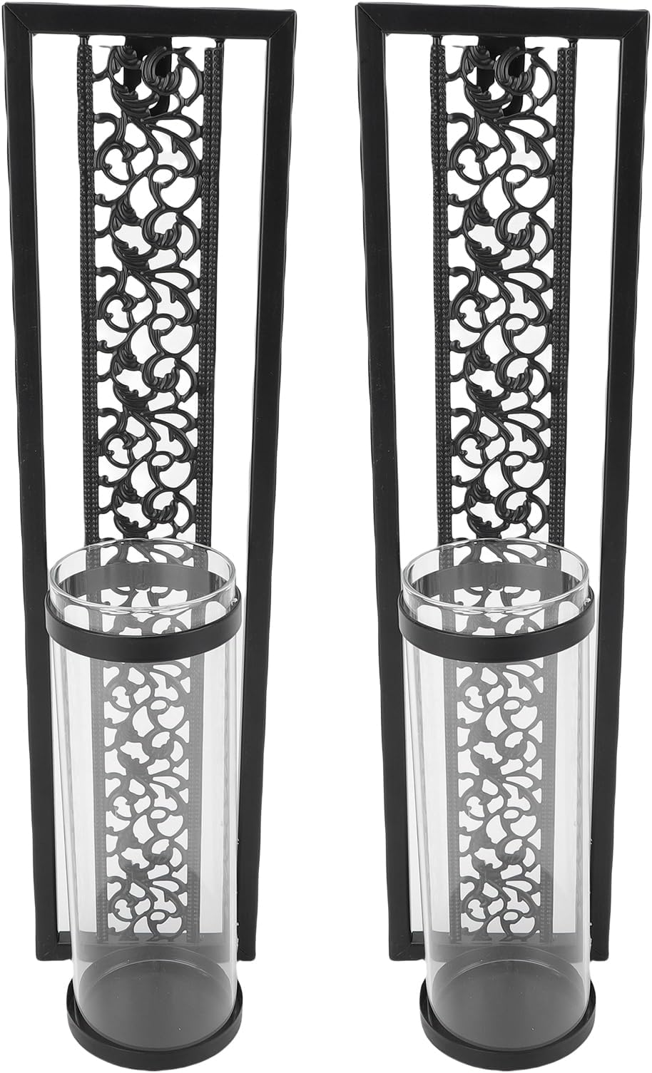 2pcs Wall Candle Holder, Vintage Hollowed Metal Wall Art with Glass Cover for Home Decoration Living Room Bedroom (Black)