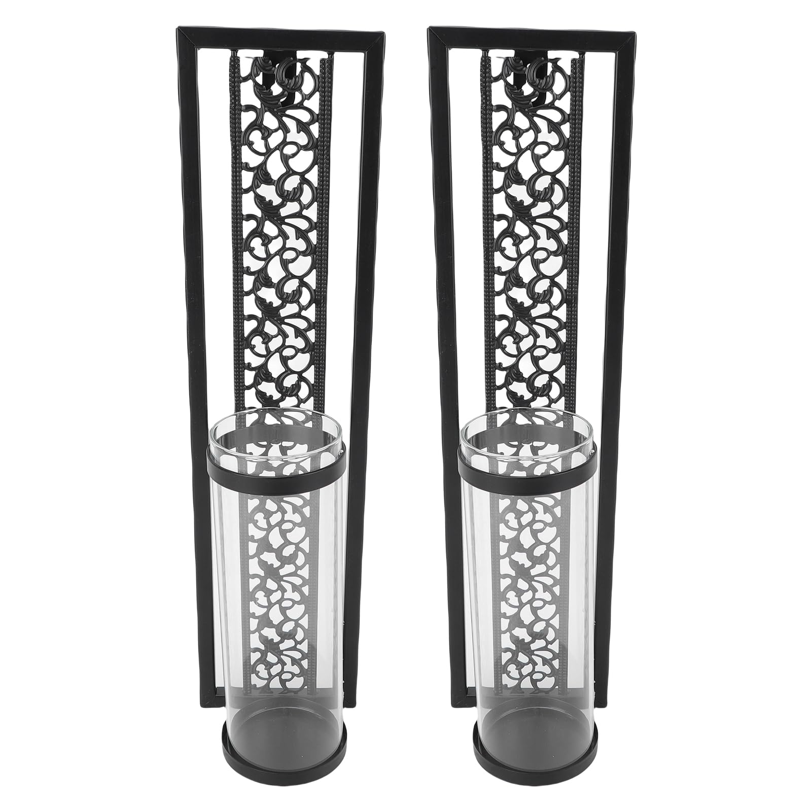 2pcs Wall Candle Holder, Vintage Hollowed Metal Wall Art with Glass Cover for Home Decoration Living Room Bedroom (Black)