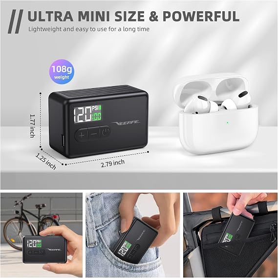 Tiny Pump Mini Bike Tire Pump - Max 120PSI Portable Electric Bicycle Pump with Fast Inflation Auto Stop - Bicycle Inflator with Presta Schrader Valve for E-Bikes Bicycles Various Balls