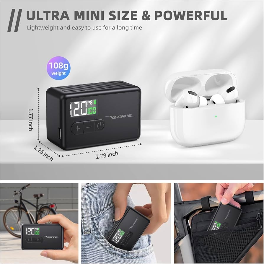 VEEAPE Tiny Pump Mini Bike Tire Pump - Max 120PSI Portable Electric Bicycle Pump - Type-C Rechargeable Battery Air Pump - Bicycle Inflator With Presta And Schrader Valve For E-Bikes & Various