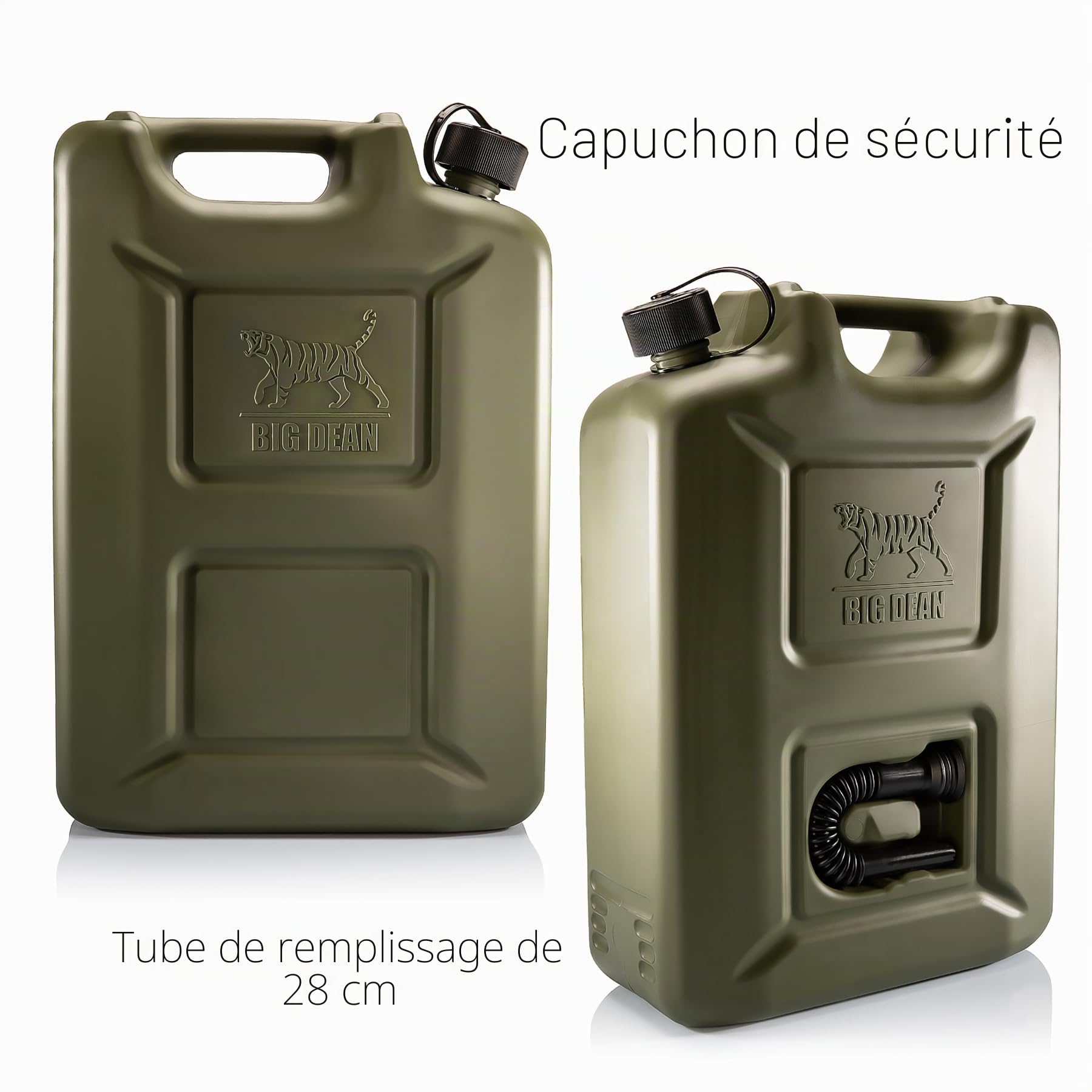 BigDean Lot de 5 bidons d'essence de 20 l en vert olive avec bec verseur flexible – Bidon de carburant pour essence et diesel – Bidon de réserve – Fabriqué en Allemagne