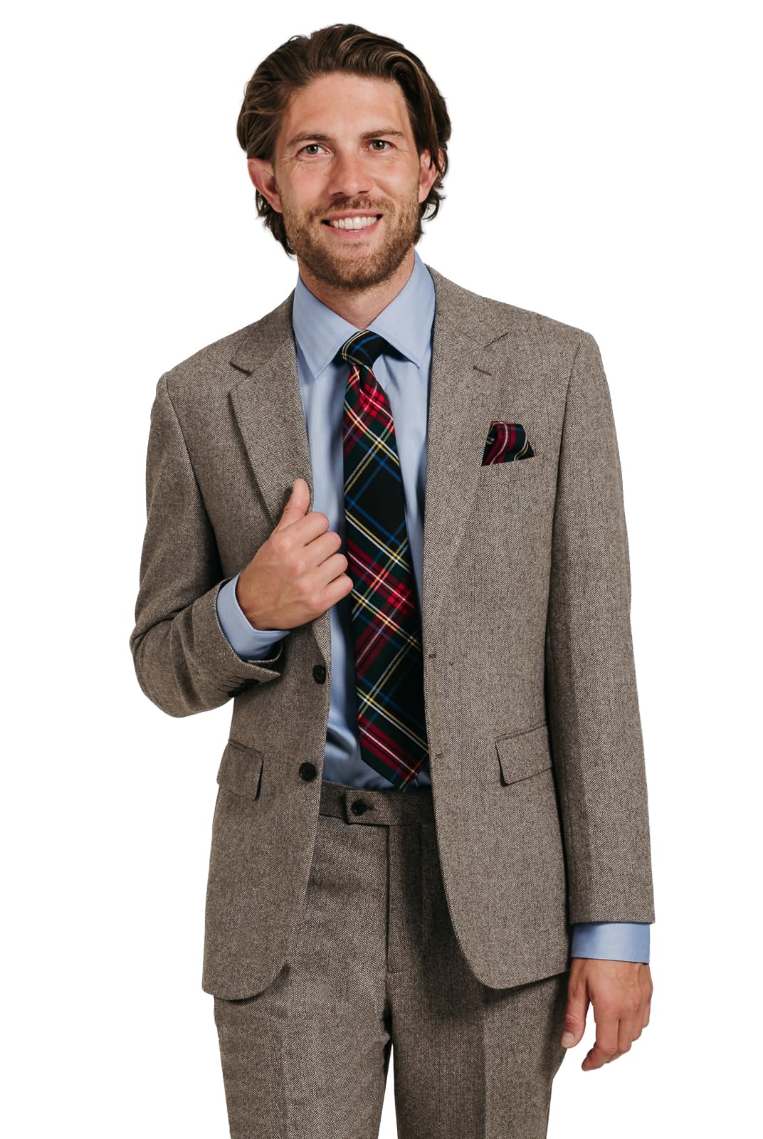 Dobell Men's Suit Jacket - Herringbone Tweed - Brown - 46R