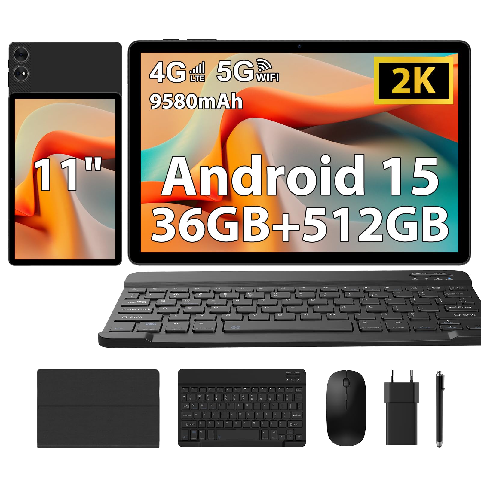 Tablette 11 Pouces Android 15 Tablette Tactile avec 4G LTE/5GWLAN,36GB+512GB/OctaCore/9580mAh/13MP+8MP/GMS,Étui,Tablet avec Clavier,Noir