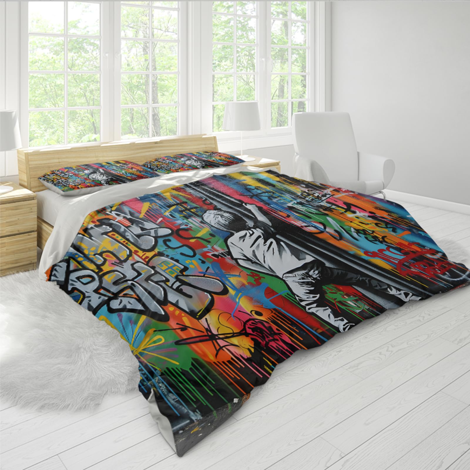 Colorido Estilo Graffiti Funda de Edredón Set 3 Piezas Lindo Niño Tirando de Las Cortinas Juego de Ropa de Cama con 2 Almohadas Shams Cremallera y 4 Lazos 140 x 220 cm