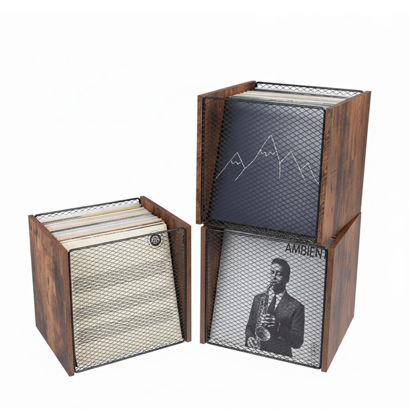 Kryntex 3 Pack Vinyl Record Storage Cubes Stackable Wooden LP Album Holder Crates Fits 120-150 Records, Natural Wood Record Organiser Boxes for Home or Studio