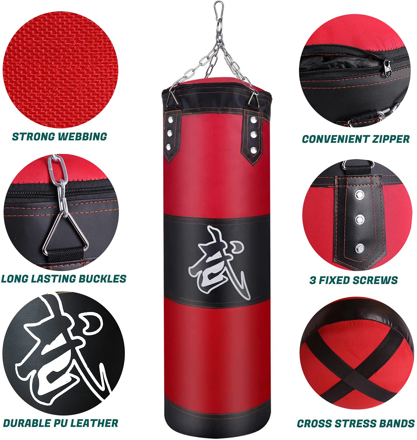 Saco de Boxeo Resistente sin Relleno, Bolsa de Punching Colgante con Vendas, Gancho y Cadena para Adultos y Niños