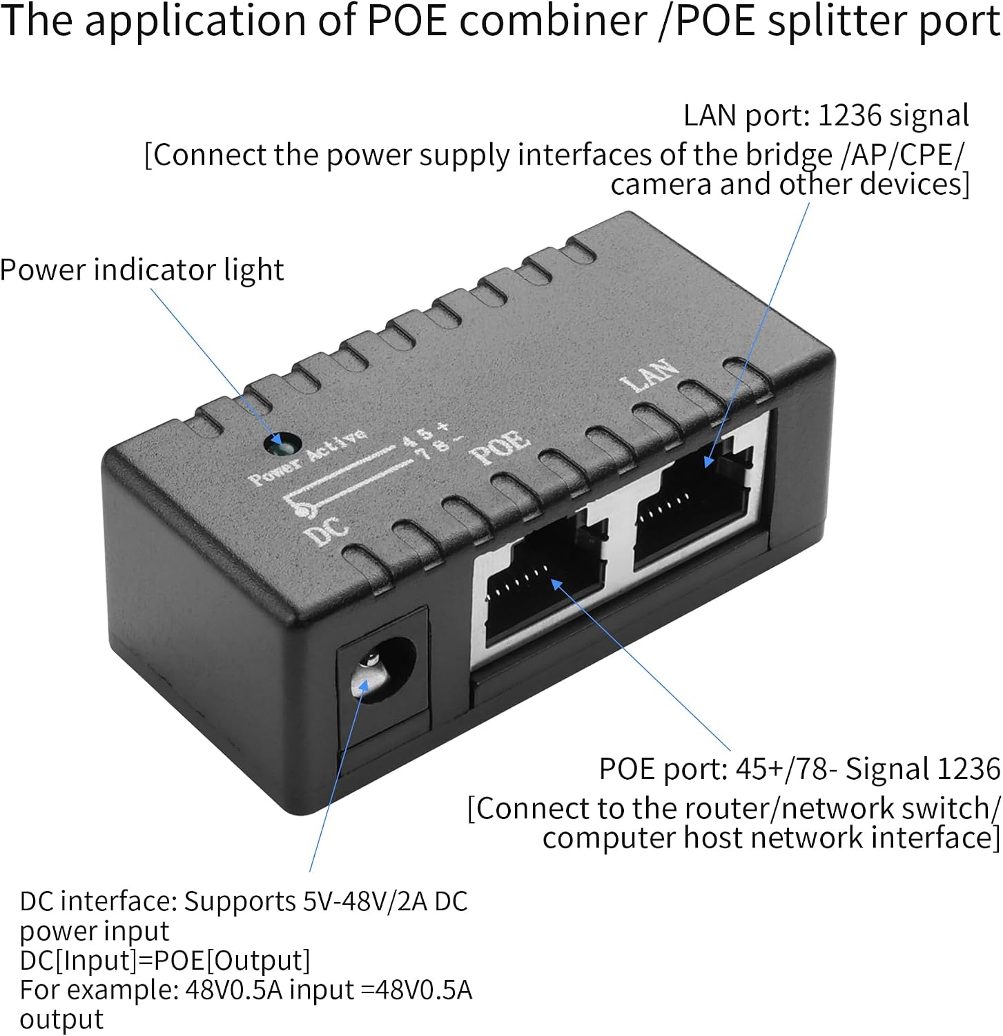 2PCS Single Port Passive PoE Adapter YACSEJAO 5V-48V DC 96W | PoE Injector/Splitter/Combiner | 10/100Mbps Ethernet | Compact for Security Cameras/Solar Systems (B)