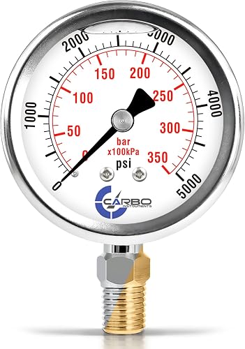 5000 PSI Glycerin Liquid Filled Pressure Gauge, 2.5" Dial, 1/4 NPT Lower Mount, 304 Stainless Steel Case, Brass Wetted Parts, Dual Scale PSI/Bar - ASME B40.1 Grade A
