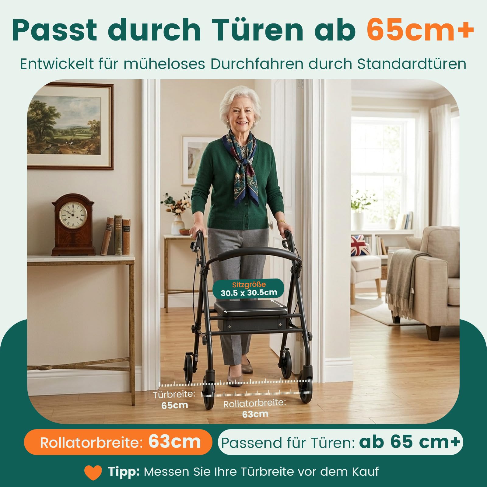 Rollator mit Sitz und Stauraum – leichter, faltbarer 4‑Rad Gehwagen mit Rahmen für Senioren und mobilitätseingeschränkte Personen, für Innen‑ & Außenbereich, Schwarz