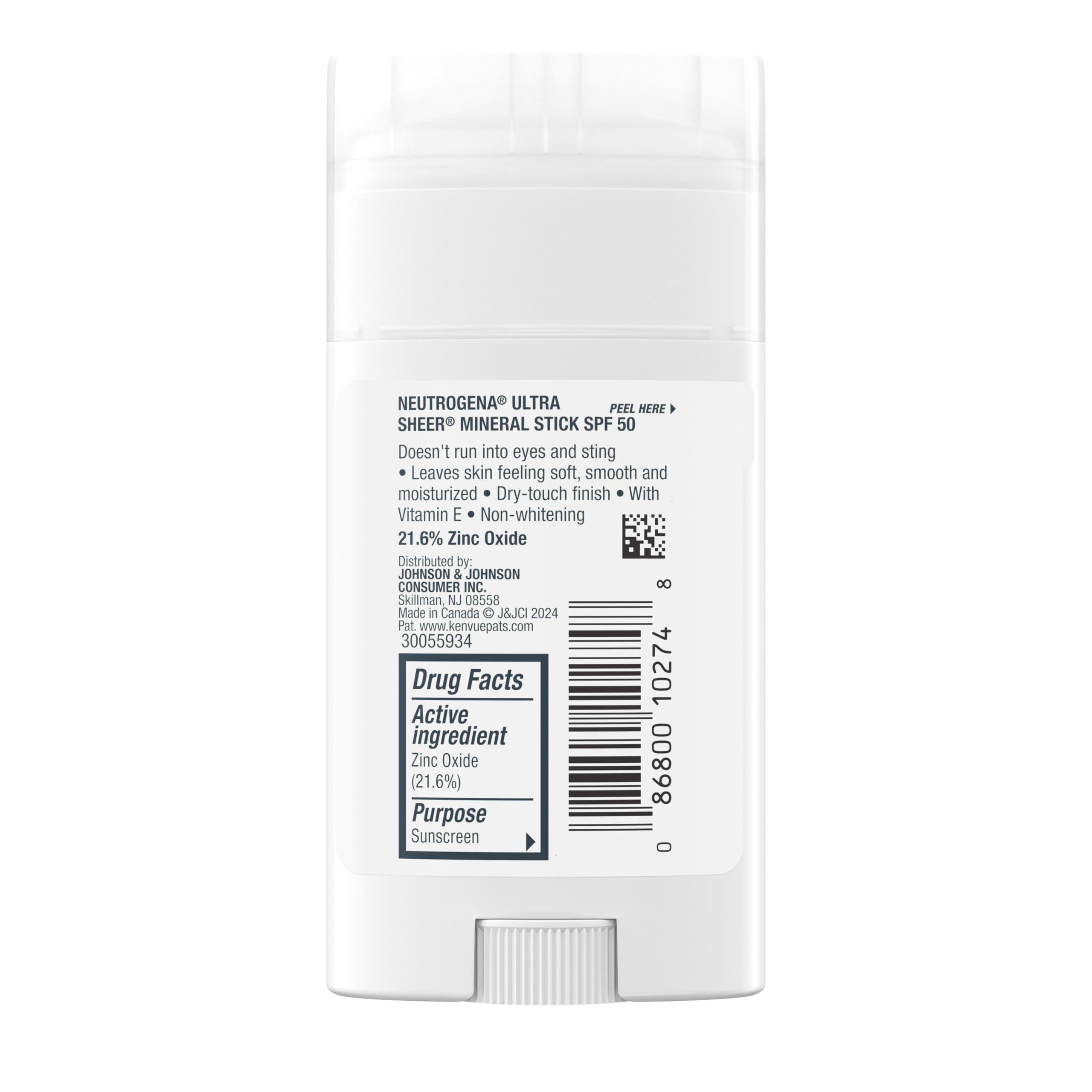 Neutrogena Baguette solaire minérale ultra transparente Dry Touch SPF 50 pour peaux sensibles, visage et corps, sans résidu blanc, non comédogène et végétalien, 42,5 g