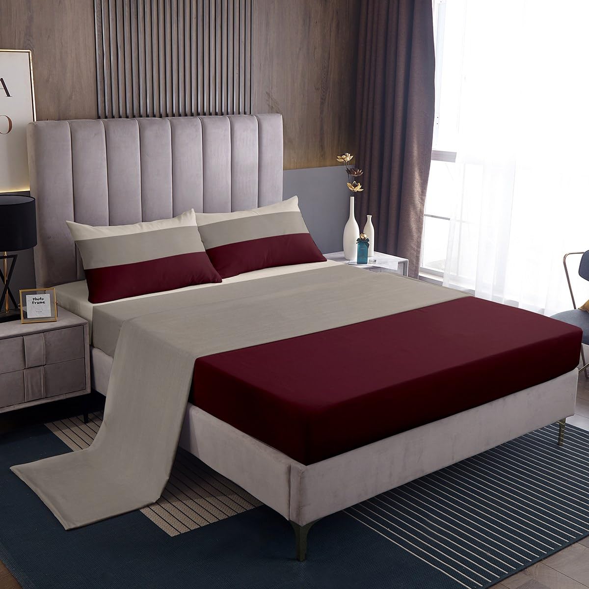 Juego de sábanas de rayas geométricas con bolsillo profundo, tamaño King, modernas, a rayas, para decoración de dormitorio, arte abstracto, 4 piezas