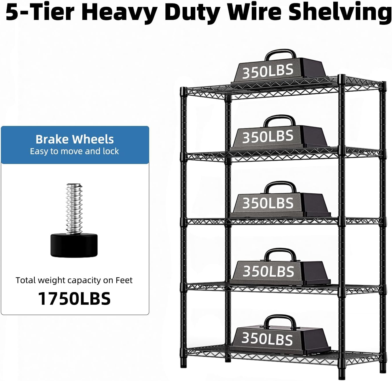 5-Tier Heavy Duty Steel Storage Shelving Unit, 1750 lbs Capacity Adjustable Wire Rack with Locking Wheels, Industrial Utility Shelves for Garage, Warehouse, Kitchen, Basement, Black