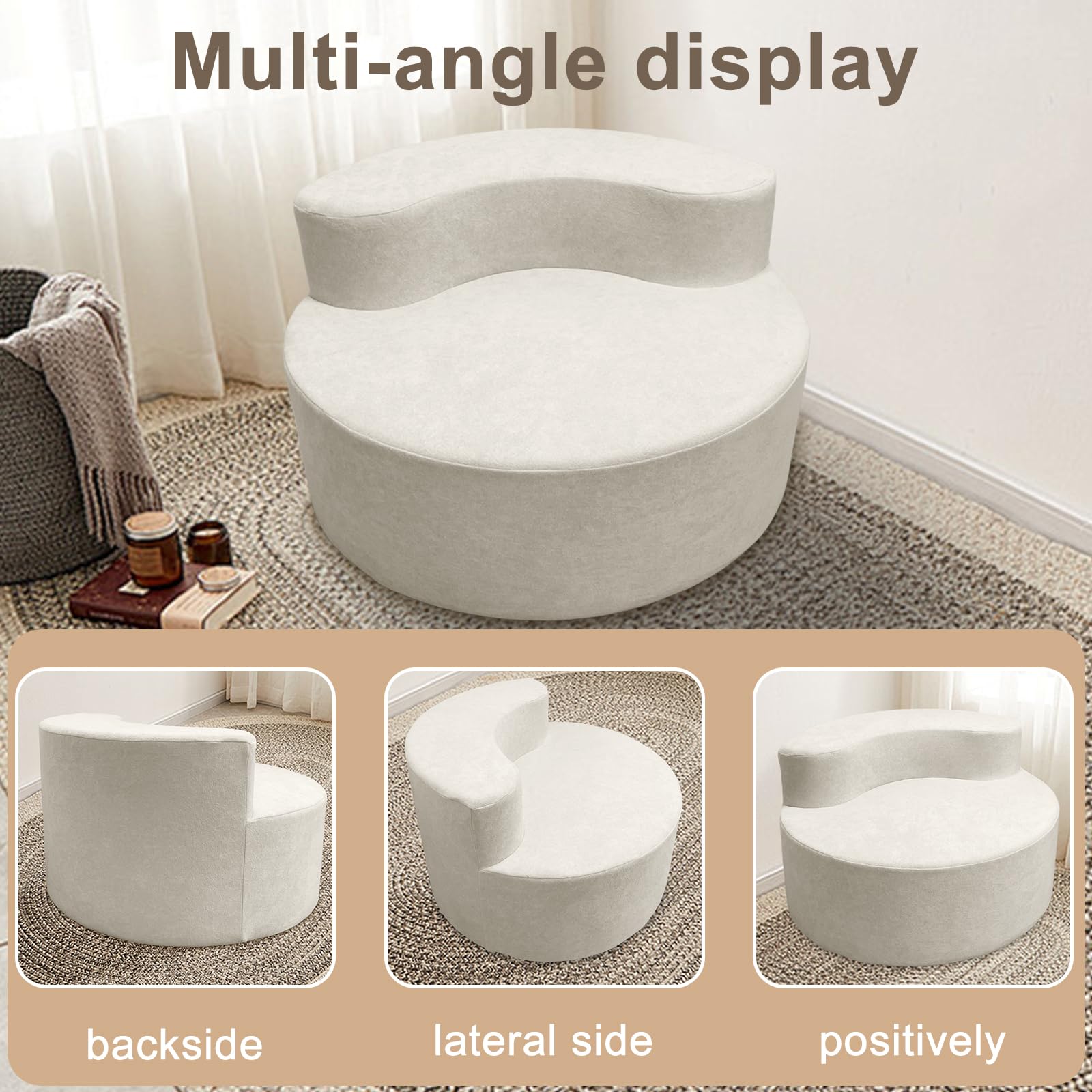 Sedia rotonda oversize moderna di lusso, con schienale curvo stretto, con design a mezza luna e schiuma ad alta densità per soggiorno, salotto e sala proiezione (bianco sporco)