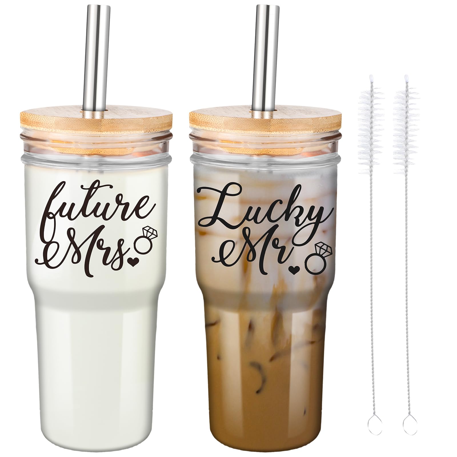 Maxcheck 2 Pcs Engagement Wedding Gifts for Couples, 24 oz Glass Cups with Bamboo Lids, Straws and Straw Brush, Drinking Iced Coffee Glasses Bridal Shower Valentine's Day(Future Mrs, Lucky Mr)