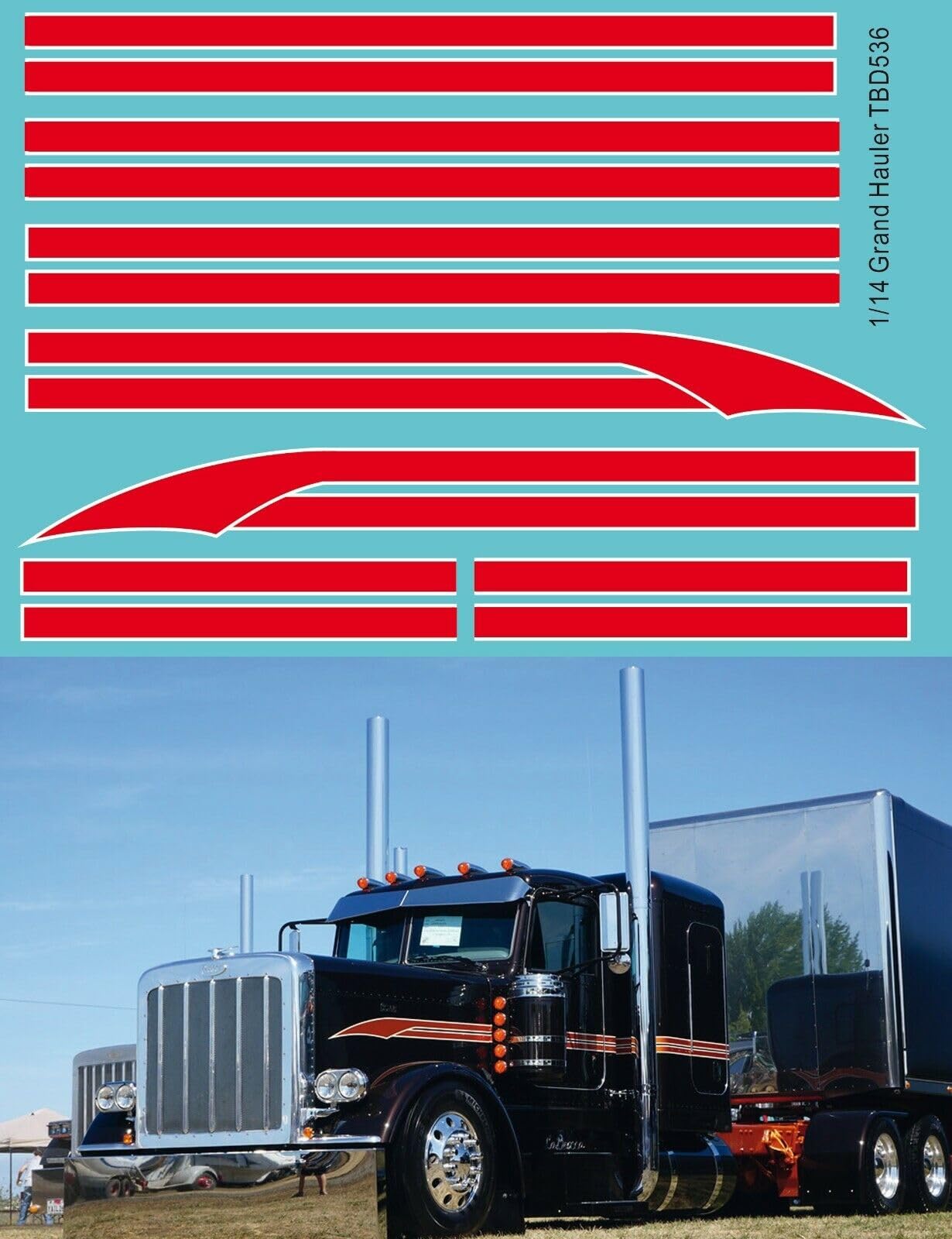Decals Grand Hauler Tamiya 1/14 autocollants bandes rouges TBD536 pour camion