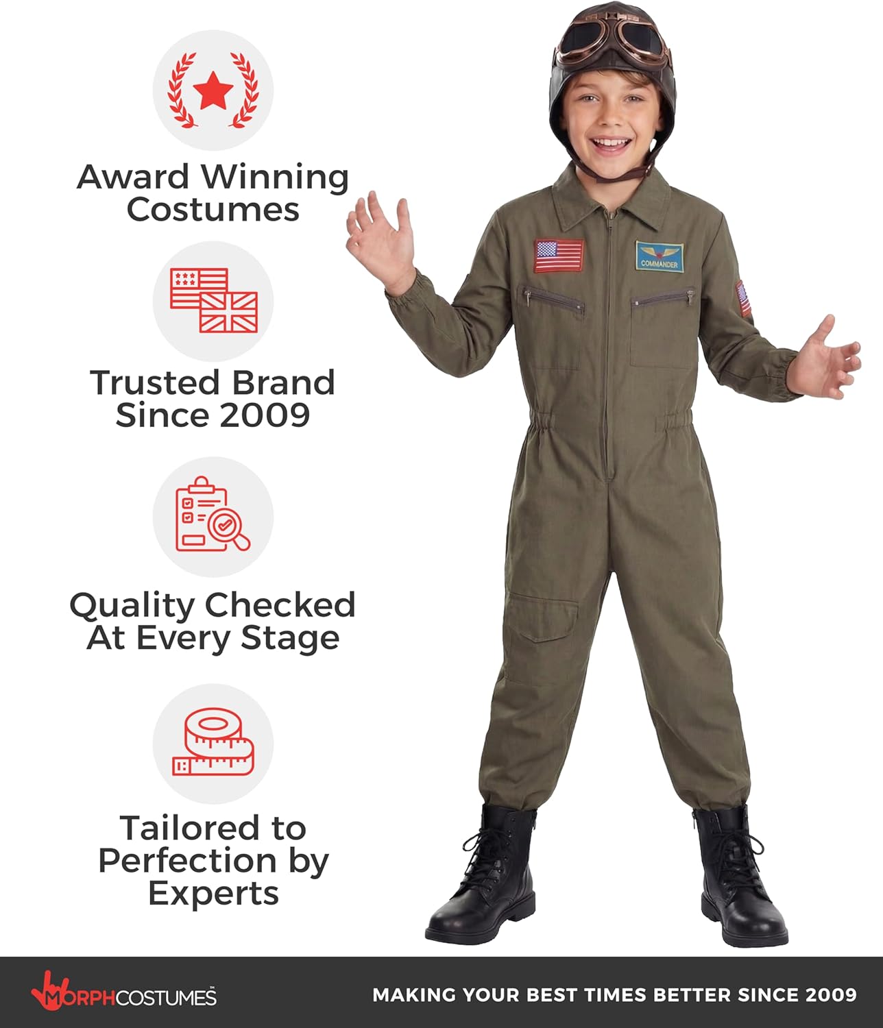 Morph Kids Flight Suit Pilot Costume with Aviator Helmet Goggles Scarf Set, Boys Air Force Fighter WW2 Costume Kids