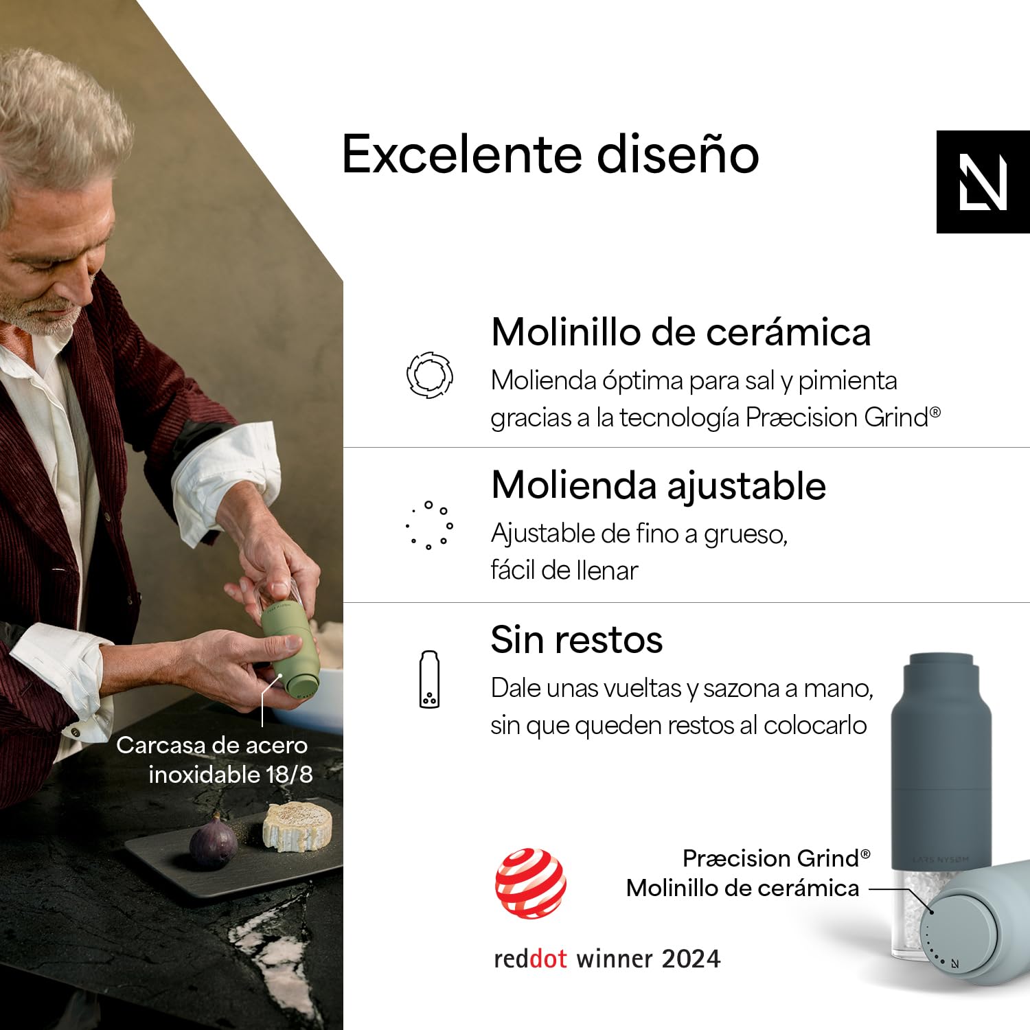 LARS NYSØM Juego de Molinillo de Sal y Pimienta de Acero Inoxidable con Molinillo Ajustable I Diseño de Botella Juego de Molinera de Especias Manual (Blue)