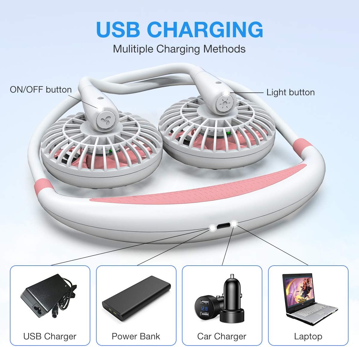 GIM Portable Hanging Neck Fan, 2000mah 3.5-9.5 Hours USB Rechargeable Personal Fan with 3 Level Air Flow 7 LED lights for Home, Office, Travel,Indoor, Outdoor (White&Pink)