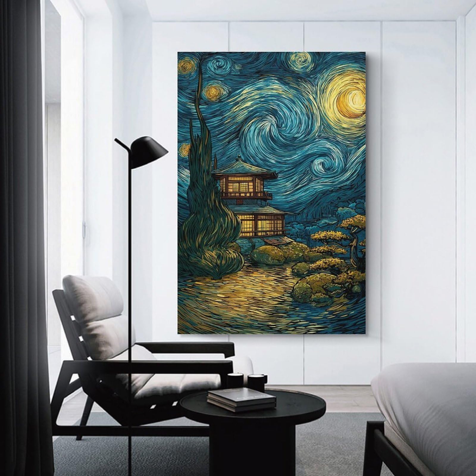 Junmoney Unframe-Style-8 Decorative Wall Artwork Japanese Temple Under Starry Night Sky, 24X36inch(60X90cm), For New Homes, Bedrooms Or Workspaces, Canvas Artwork With Gifting Potential