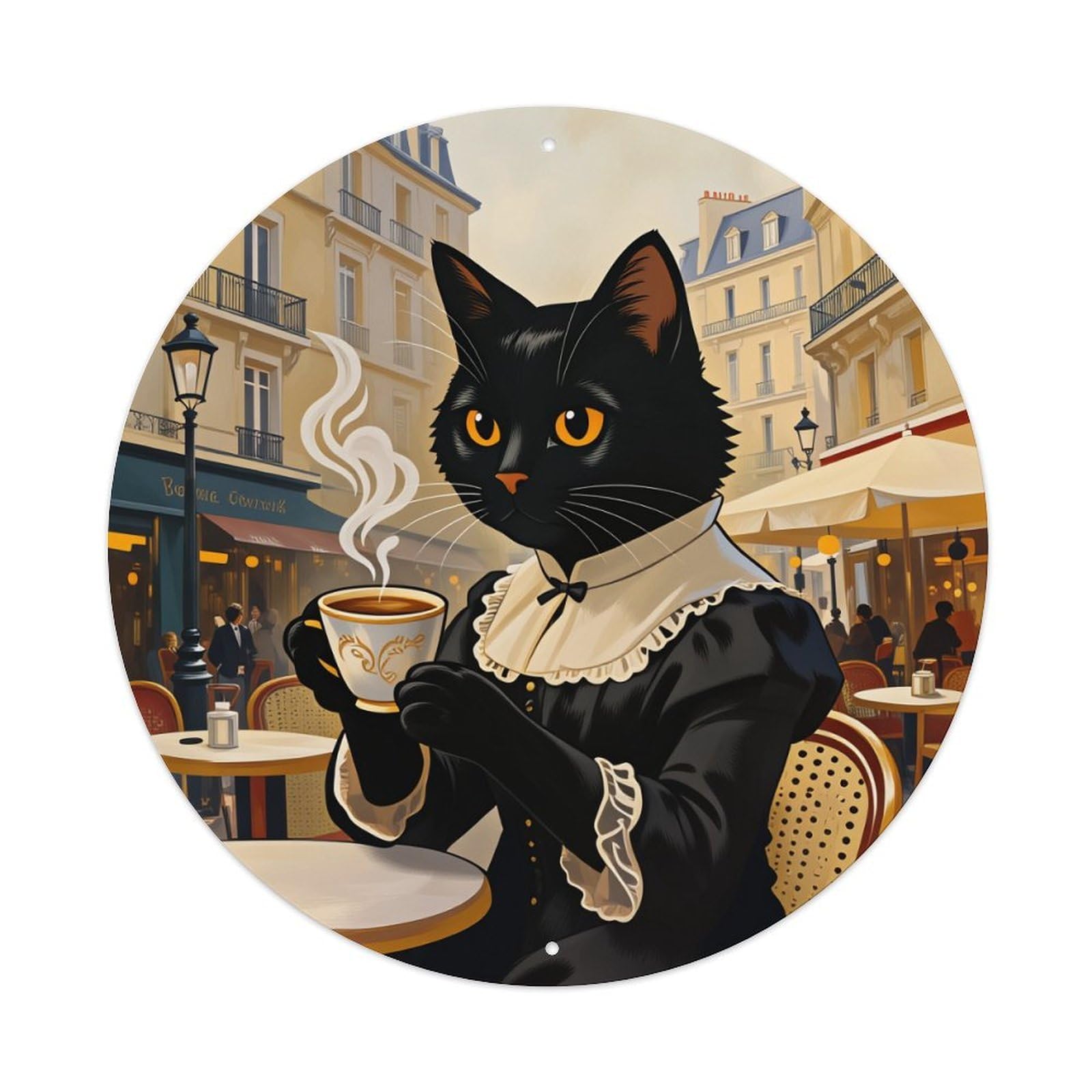 Black Cat Coffee Parisian Street Round Tin Sign Vintage Style Metal Sign Home Bar Garden Wall Plaque Decor Metal Poster 8x8 Inch