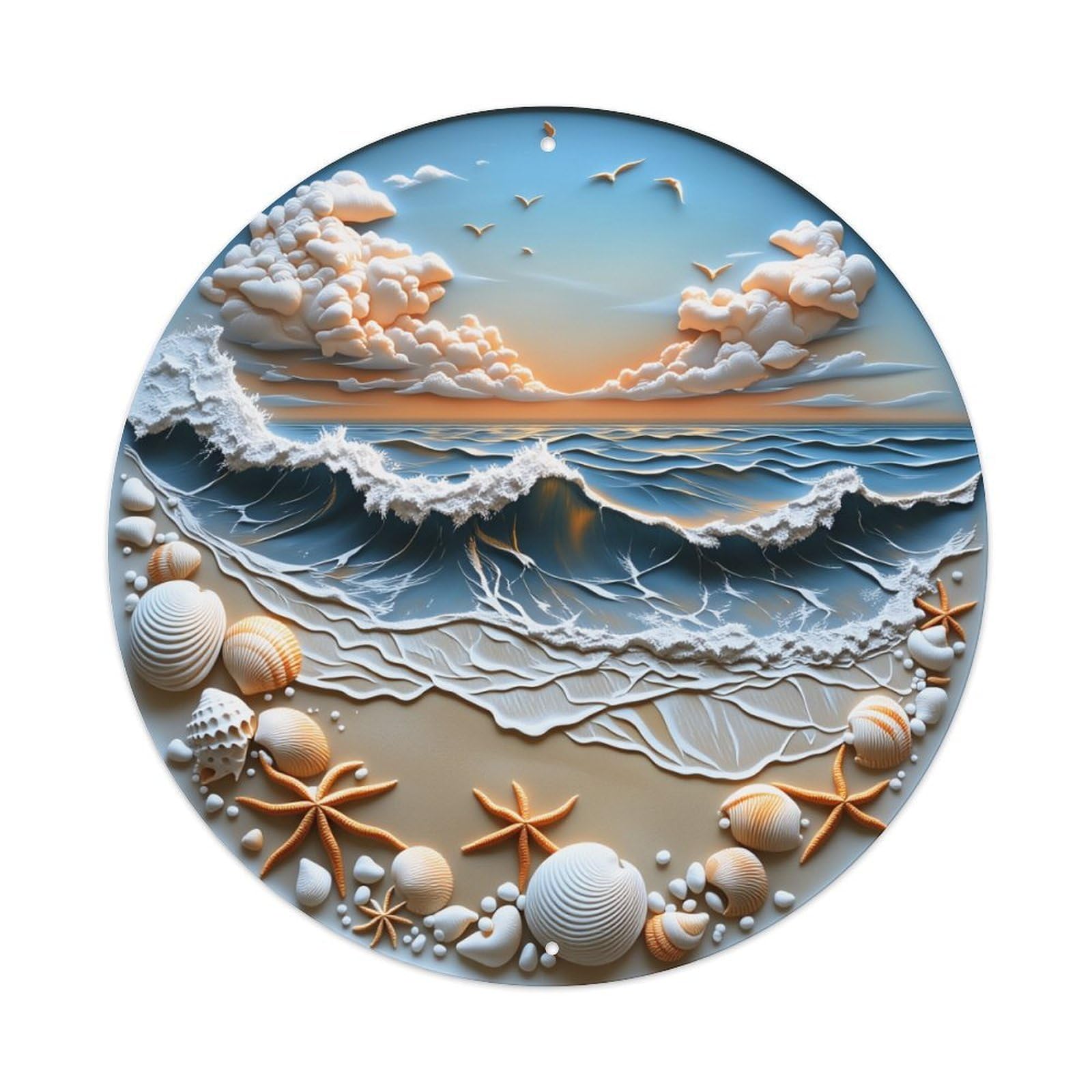 Wmlzdnwr Vintage Ocean Waves Seashells Starfish Sky Clouds Sunset Beach Round Tin Sign,Retro Wall Art,Metal Poster For Home, Bar, Garage, Cafe, Rustic Indoor & Outdoor Decor, 8X8 Inches