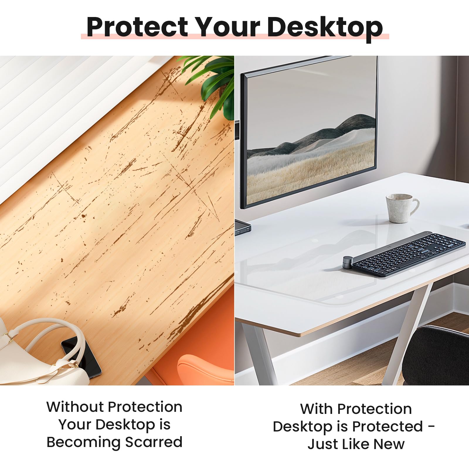 JAMBALAY Schreibtischunterlage aus gehärtetem Glas zum Schutz des Schreibtischs, 81,3 x 50,8 cm, Büro-Schreibtischunterlage für Tastatur und Computer-Monitor, transparente Schreibtischunterlage für
