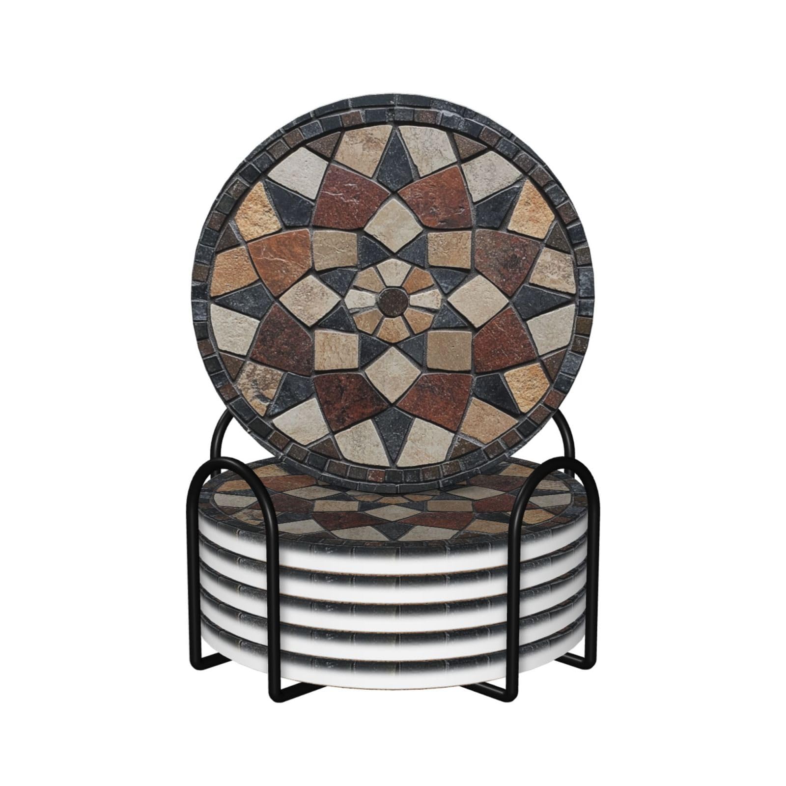 Circular Mosaic Stone Tiles Ceramic Coasters with Holder 6ps