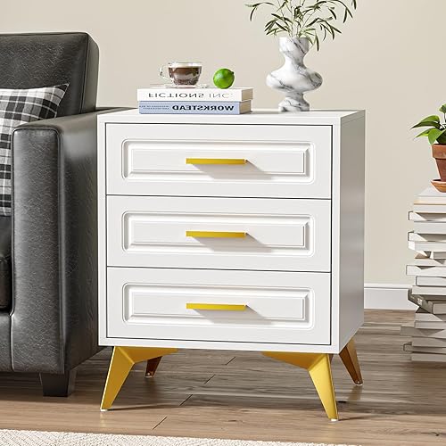 Miniatura 7 de Giluta Mesita de noche de 3 cajones moderna mesita de noche con patas y asas de metal sólido cómoda de madera dorada blanca mesa auxiliar para sofá