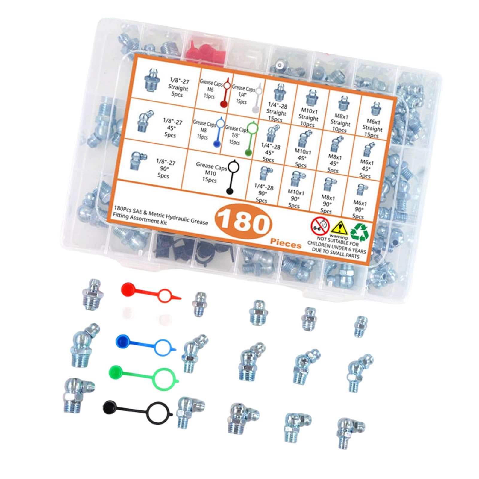 Hsioluted Metric And English 180Pcs Carbon Steel Thread Straight 90 Degree Angled Grease Nipple Fittings Set Nipple Hydraulic Fitting Cap Carbon Steel Grease Nipples