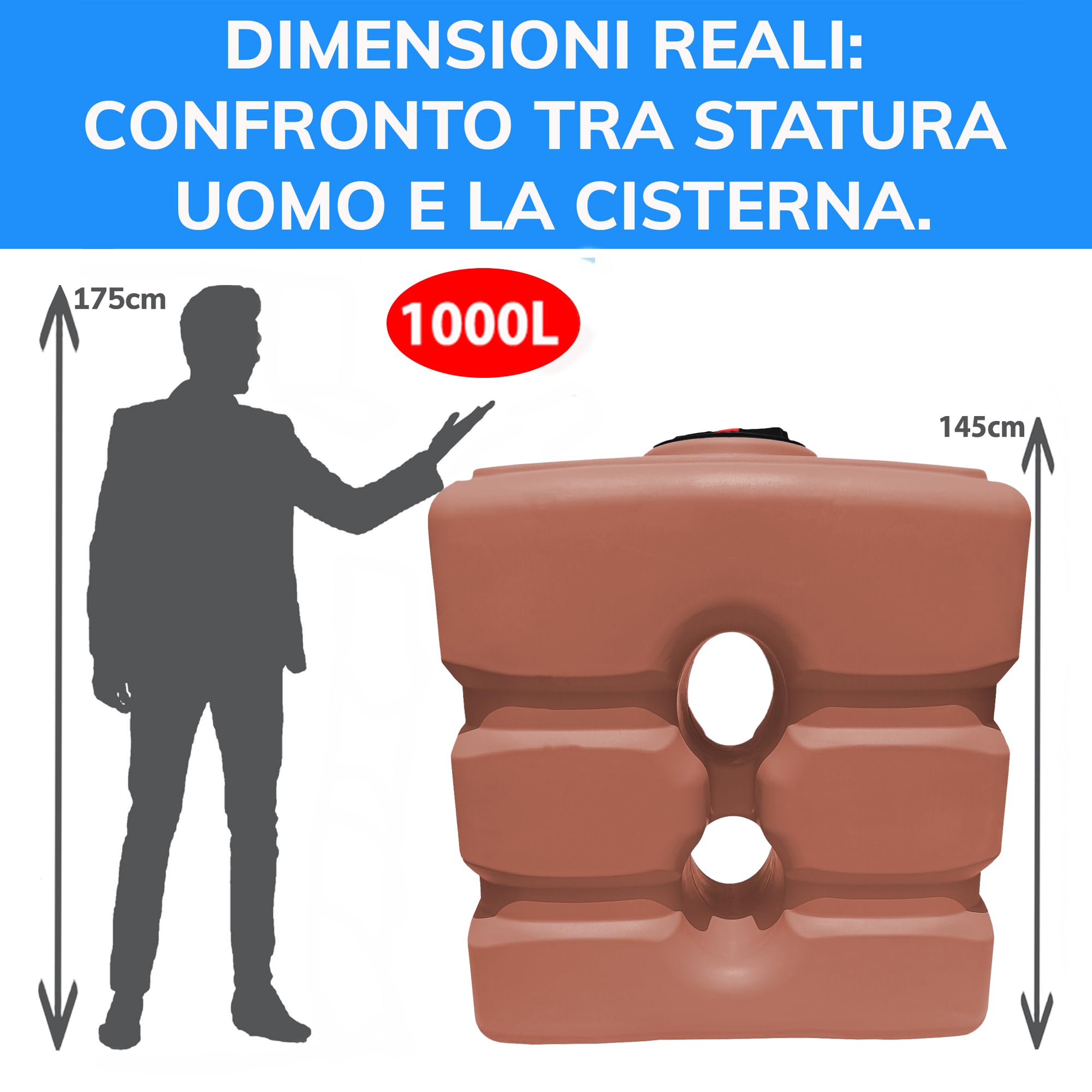 ESTO Serbatoio Acqua Verticale FINTA TERRACOTTA 1000L Cisterna Biforo, Bidone in Polietilene, Potabile o Piovana con Press Control e Pompa Elettrica (1000 Litri)