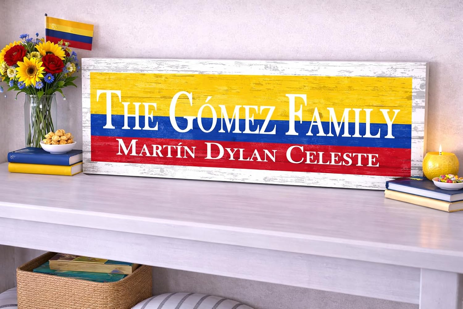 Wooden Colombian Flag Sign – Custom Names - Personalized Heritage Plaque - 16.5in x 5.5in - Solid Wood