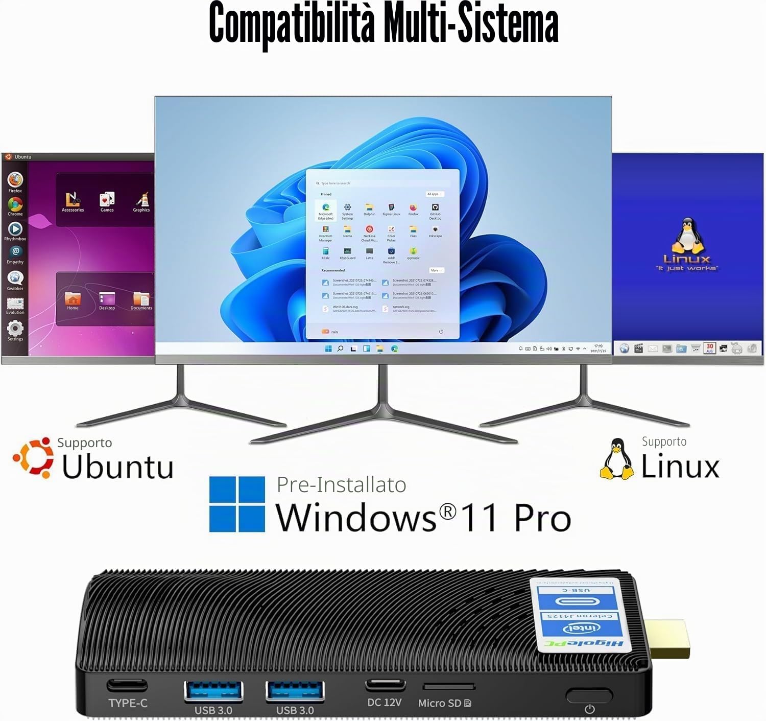 Mini PC Stick,Win 11 8 GB RAM 128 GB eMMC Celeron J4115 2.7 GHz, USB-C Fanless Desktop PC, USB3.0 X 2, RJ45 Gigabit Ethernet 4K 60Hz, WiFi BT 5.2, HDMI 2.0 per affari, casa, ufficio