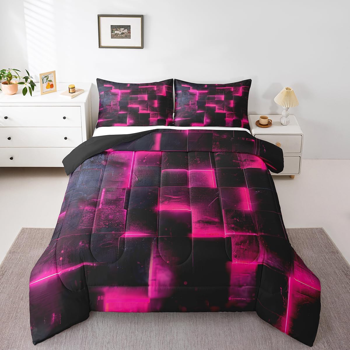 Hot Pink Black Bedding Queen 3D Glowing Buffalo Queen Comforter Set Modern Abstract Art Bedding Comforter Sets Geometric Plaid Duvet Insert, Gradient Futuristic Cubes Down Comforter (Black Reversible)