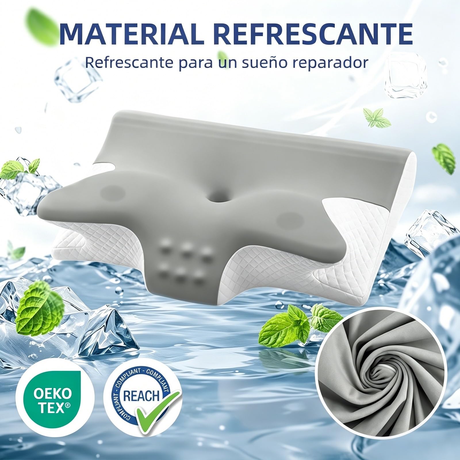 Almohada 2 en 1 de Espuma con Memoria, Ergonómica y Reversible | Doble Altura Soporte Cervical Perfecto para Dormir de Lado, Boca Abajo y Espalda, 60x42x14/12 cm, Gris y blanco