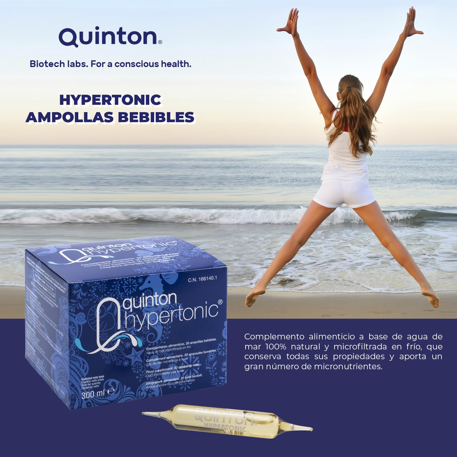 Quinton Hypertonic - 30 Ampollas de 10 ml de Agua de Mar Hipertónica - 100% Natural, Con Magnesio y Micronutrientes - Eau de Quinton