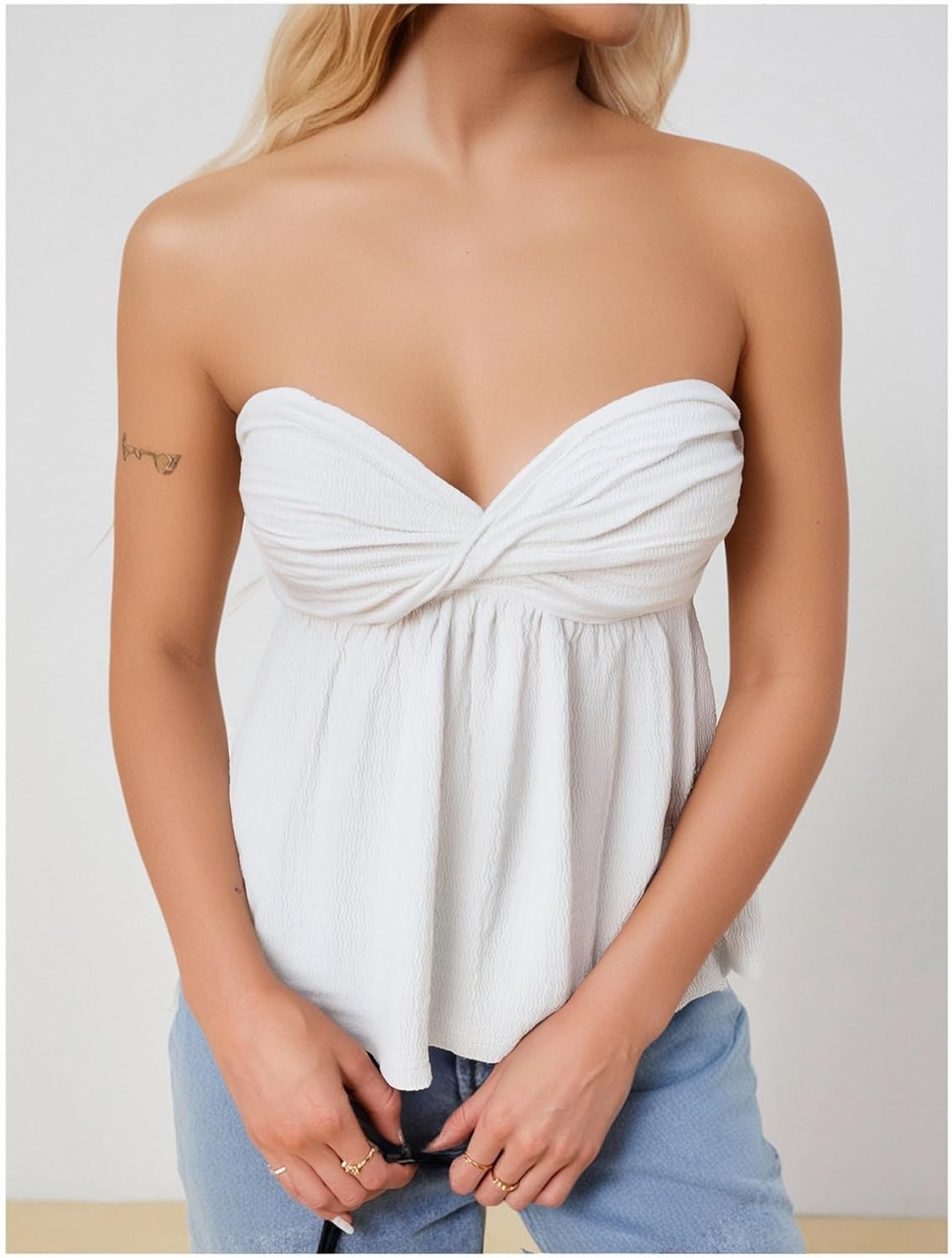 Milumia Women Textured Tube Tops Strapless Twist Front Flared Hem Crop Tee Shirts - Image 3