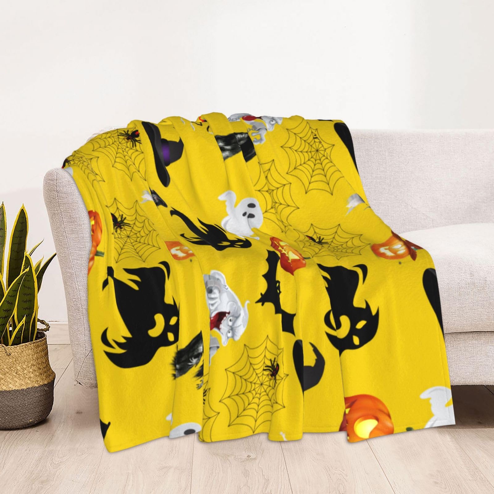 Couverture D'Halloween En Flanelle, Motif Chat, Fantôme, Sorcière, Toile D' Araignée Violette, Chauve-souris, Citrouilles, Jeté De Canapé, Toutes Saisons, Super Confortable, Couverture De Lit