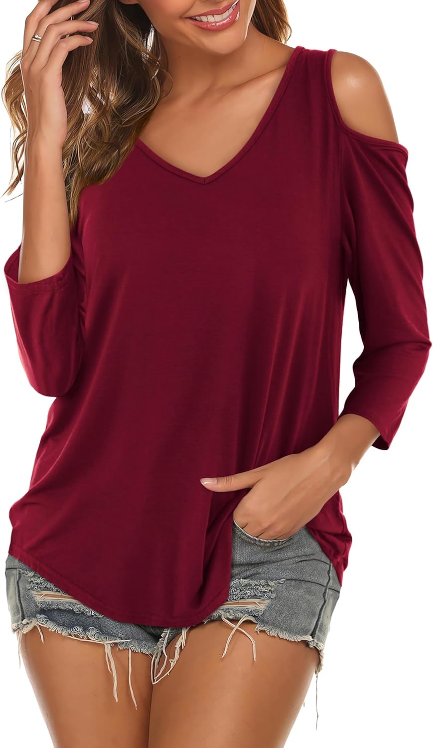 Amoretu Women's Short Sleeve Shirts Cold Shoulder Tops V Neck Blouse Tunic Shirts - Image 4