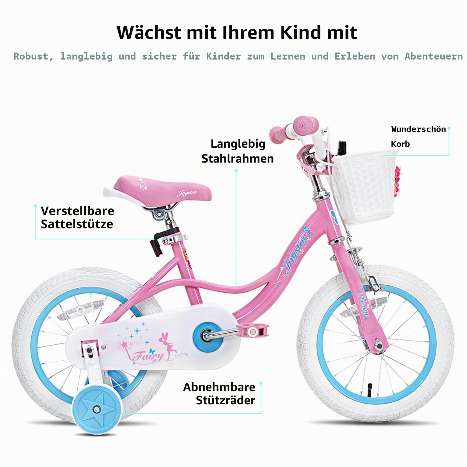 JOYSTAR 12/14/16/18 Zoll Kinderfahrrad für Mädchen im Alter von 2-9 Jahren,12/14/16/18 Zoll Kleinkinderfahrrad mit Stützrädern und Handbremse für 2-9 jährige Kinder