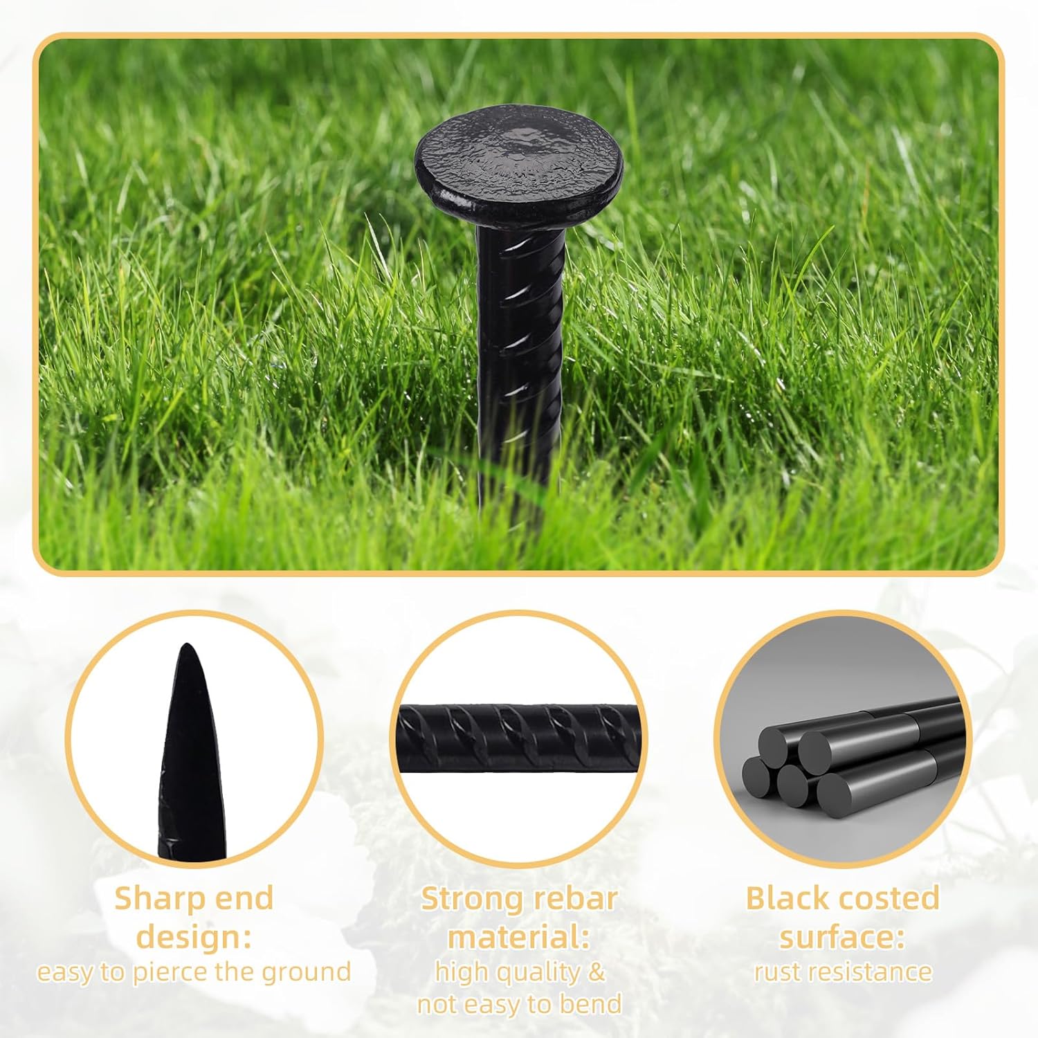 16 Inch Rebar Stakes, 1/2 Inch Diameter Galvanized Steel Ground Anchors, Heavy Duty Metal Spikes for Speed Bump, Wheel Stop, Parking Curb and Tent (24 Pack, Black)