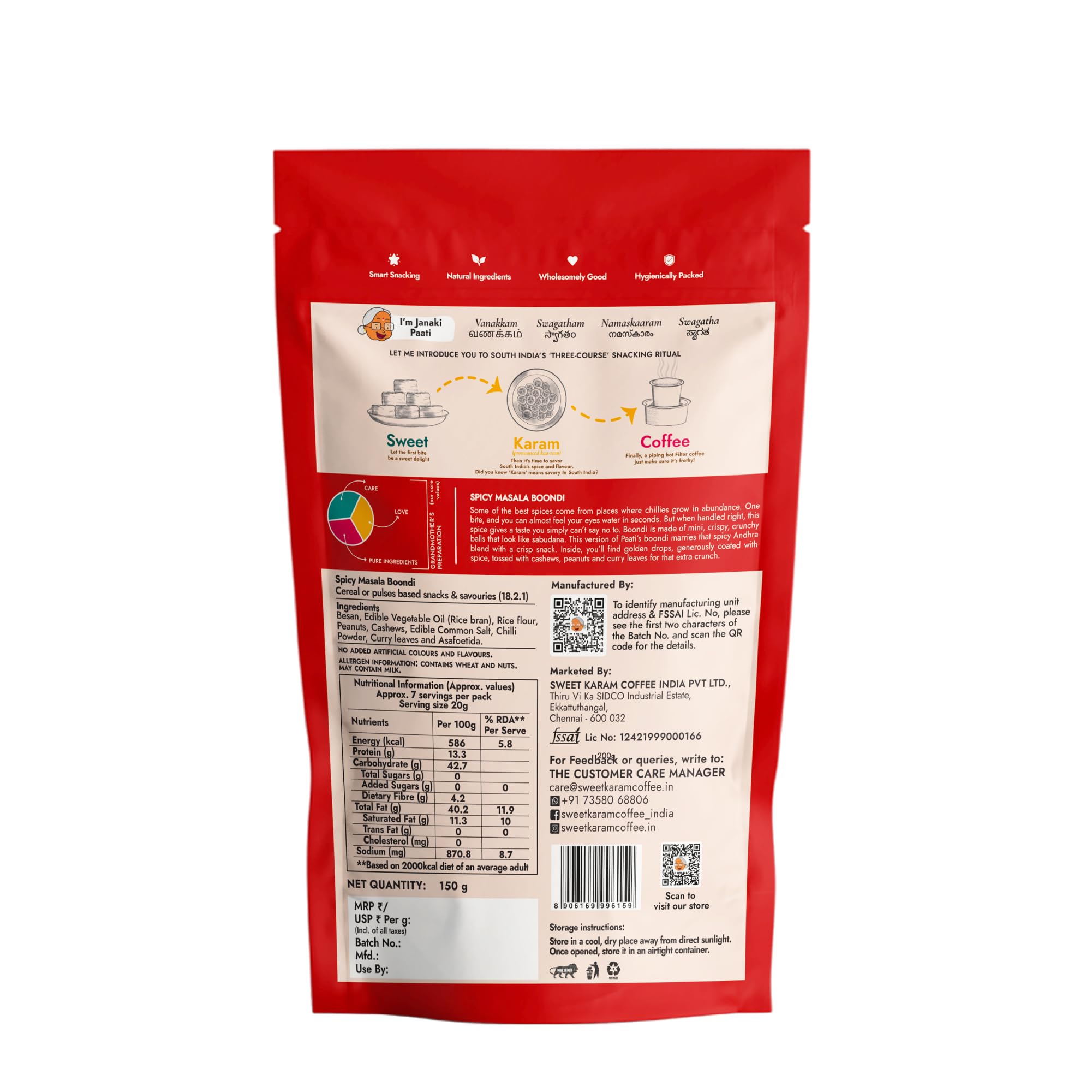 Sweet Karam Coffee Spicy Masala Boondi - 150g | Crispy Snack with Cashews & Peanuts | No Palm Oil, Maida & Preservatives | Traditional South Indian Kara Boondi Namkeen | Authentic Homemade Taste