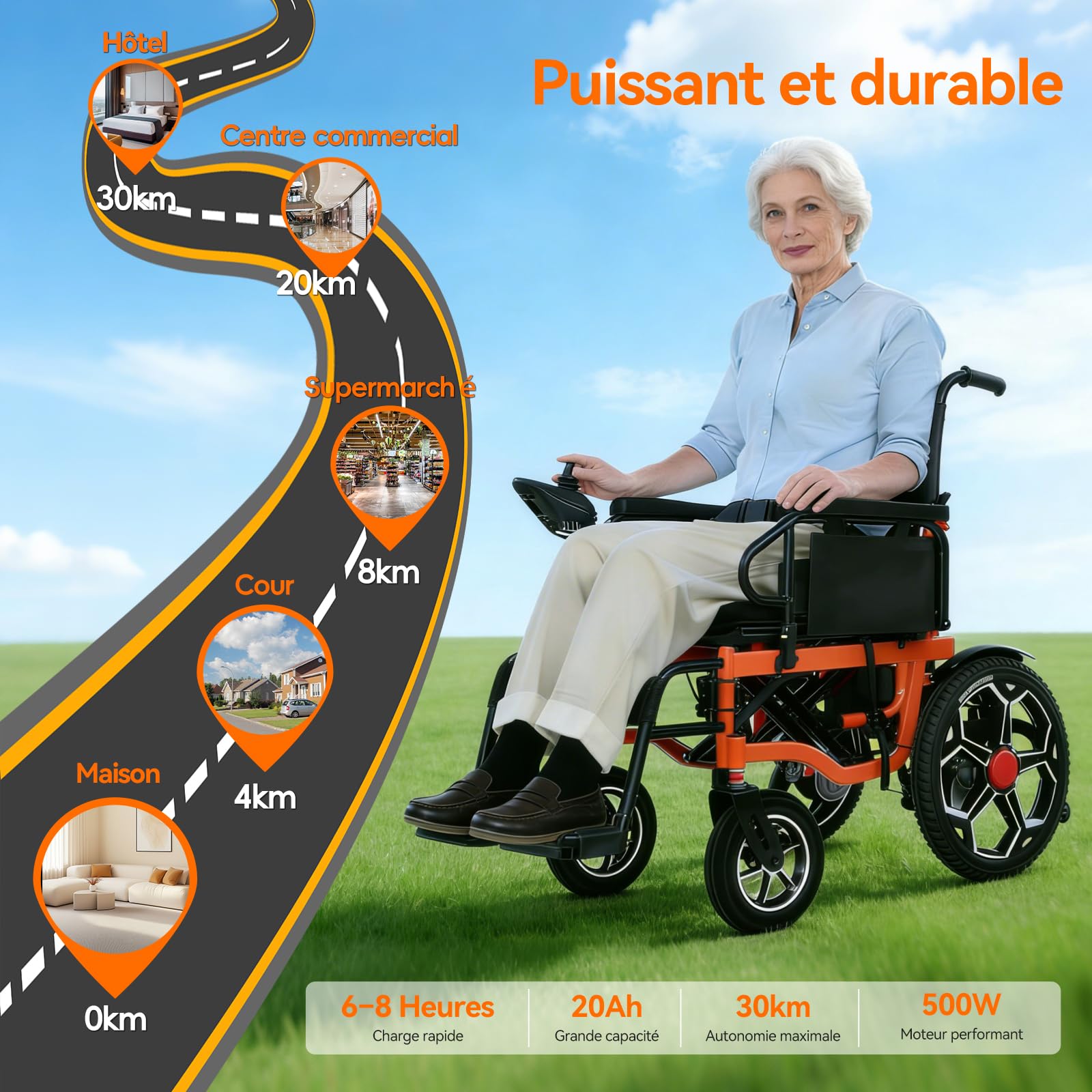 D09 Fauteuil roulant electrique pliable lourd à largeur élargie, pour 150KG, 30KM fauteuil handicapés électrique Stable,Chaise roulante électrique avec 42CM pneus gonflables amortisseurs