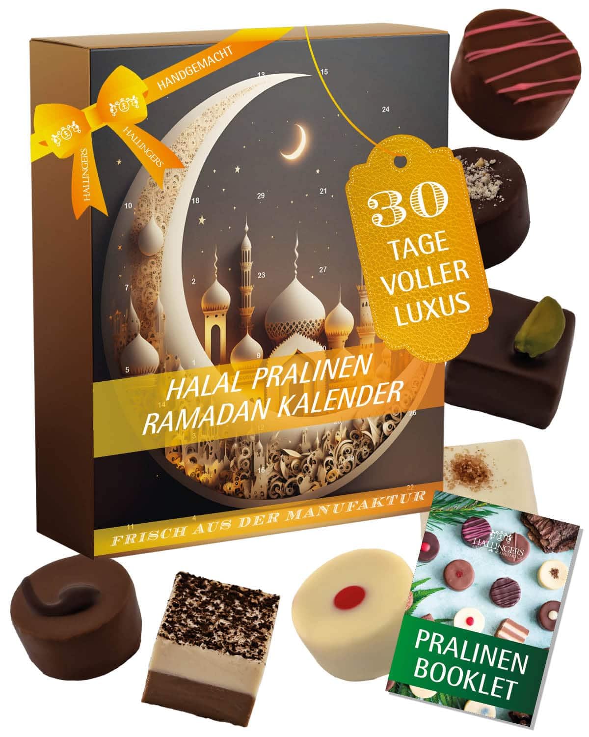 Hallingers Genuss Manufaktur Pralinen Halal Ramadan - ohne Alkohol, handmade aus Edelkakao in wertigem Softfeel-Karton "Ramadan - Kareem", Kareem Maburak für Frauen Männer