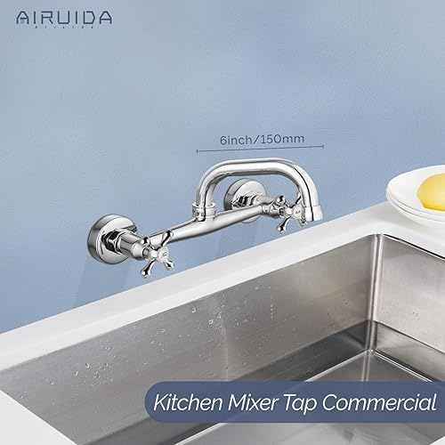 Miniatura 9 de Airuida Grifo de fregadero de cocina de montaje en pared cromado de 8 pulgadas, centro de doble mango, montaje en pared, grifo de fregadero de