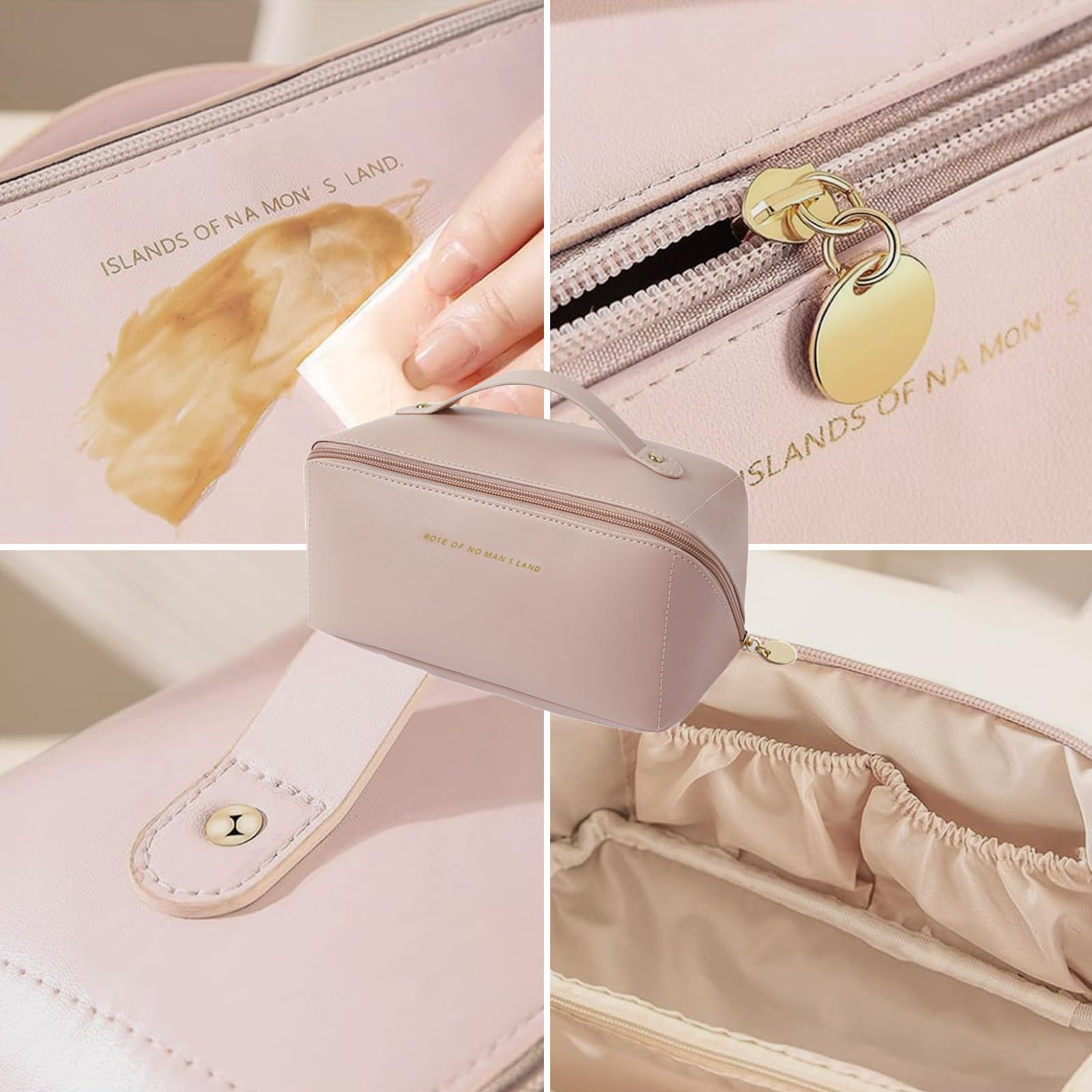 HhBdy Makeup Bag,PU Leather Waterproof Toiletry Bags for Women,Portable Large Capacity Travel Toiletry Bag with Handle and Compartment(Pink) - Image 4