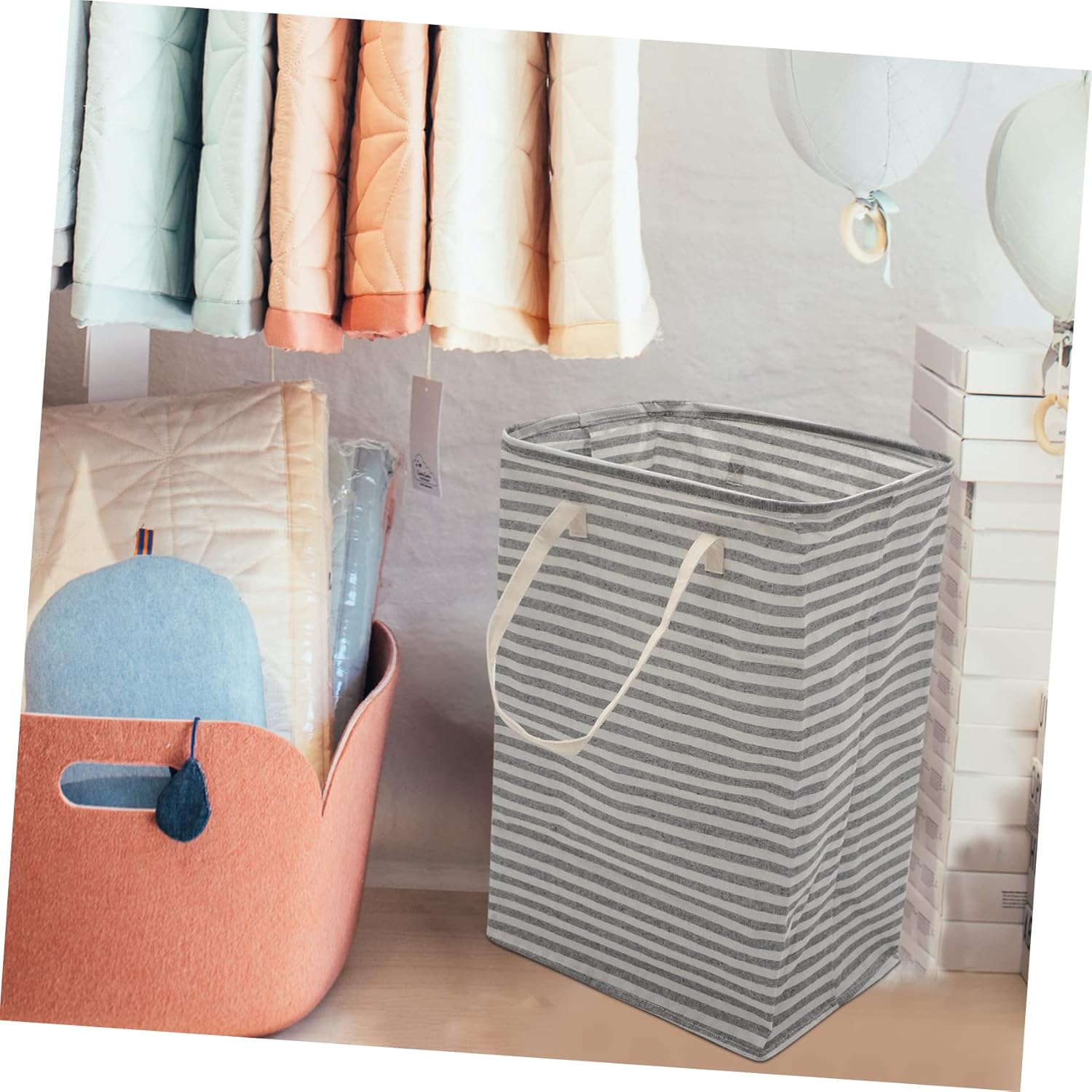 Foldable Laundry Basket with Handle Wear Resistant Large Capacity Clothes Storage Container Lightweight Collapsible Hamper for Bedroom Dorm Bathroom Gray Cotton Linen Stripe