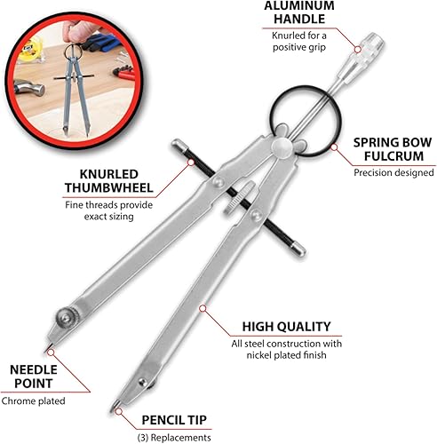 Miniatura 2 de Performance Tool Brújula de lápiz de precisión W7556 de 6 pulgadas para círculos precisos - Herramienta ideal para dibujo, carpintería y proyectos
