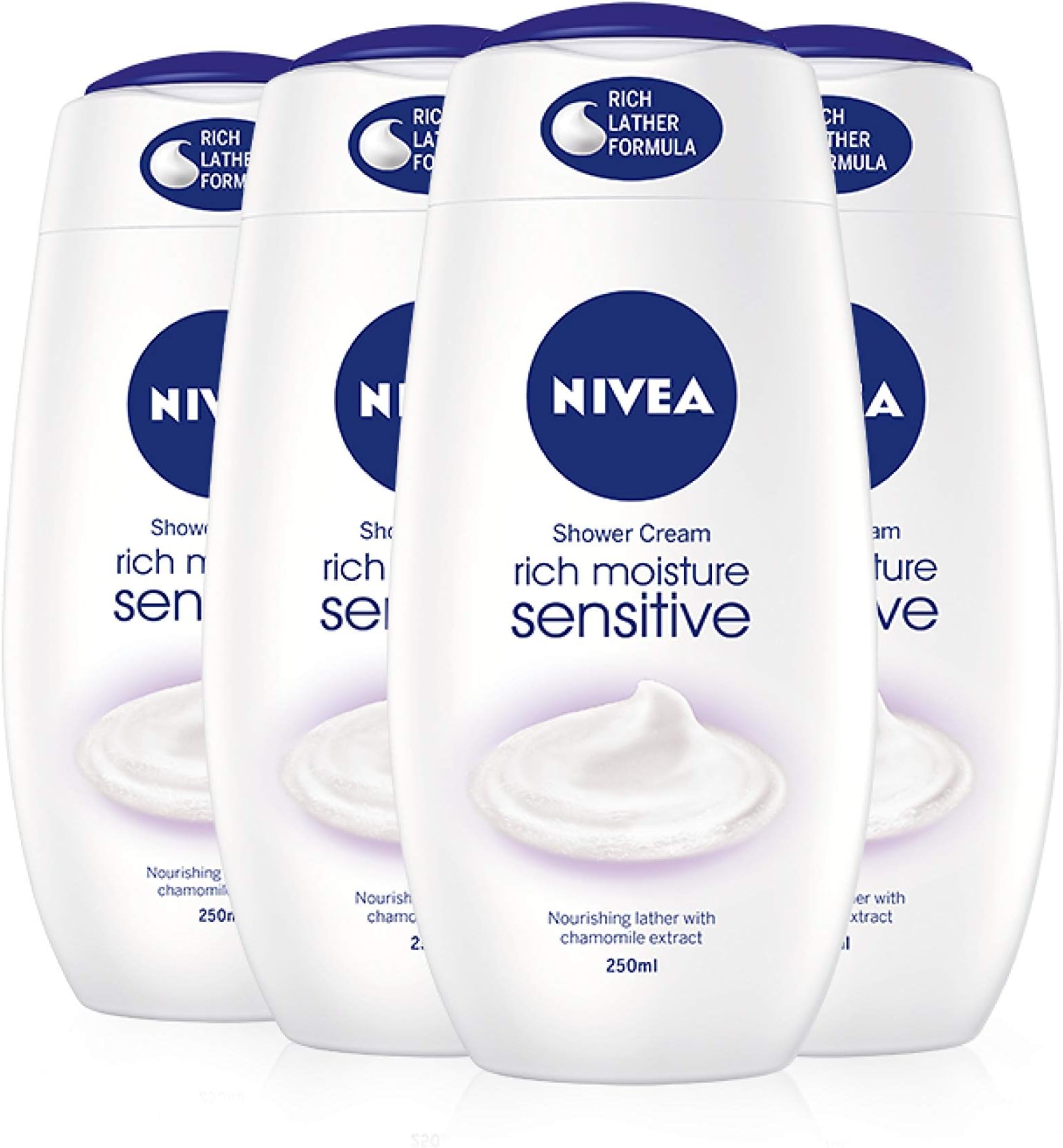 NIVEA Shower Cream Gel Rich Moisture Sensitive, Pack of 4 (4 x 250ml), Body Wash with Soothing Chamomile Extract, Sensitive Body Wash for Women, pH Skin-Balanced Shower Gel